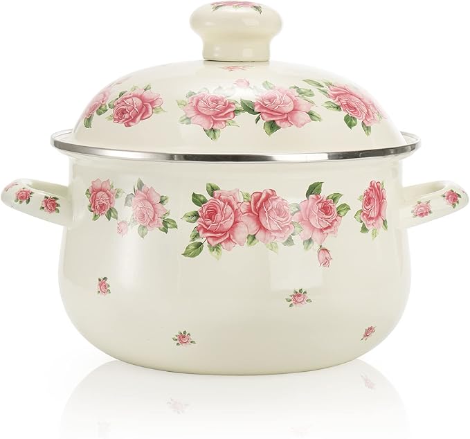 SOUJOY Enamel Stockpot with Lid, 2.8 Quart Retro Cooking Pot, Vintage Floral Stew Bean Simmer Pot with Handle, Kitchen Soup Pot, Safe for Induction Cookers, Gas Stove