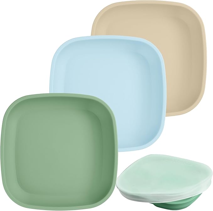 Re-Play Toddler Plates - 22 Oz. Deep-Walled Flat Kids Plates with 1 Lid - Dishwasher & Microwave Safe - Made in USA - Set of 3-7.37" x 7.37" x 1.25" - Beach Baby