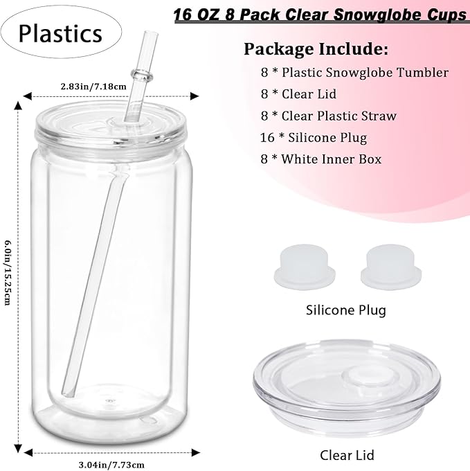 16 oz Plastic Snow Globe Tumbler, 8 Pack Double Wall Snowglobe Tumbler with Pre Drilled Hole, Plastic Mason Jar Cups Can for Snow Globe Glitter DIY (Clear)