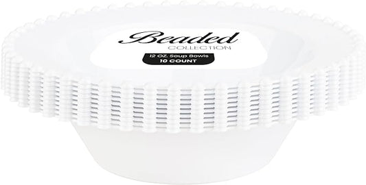 PLASTICPRO 32 Piece Plastic Dinner Plates Bowls Disposable Plastic Fancy Heavy Duty Party Dishes 12 oz White Bead Bowls