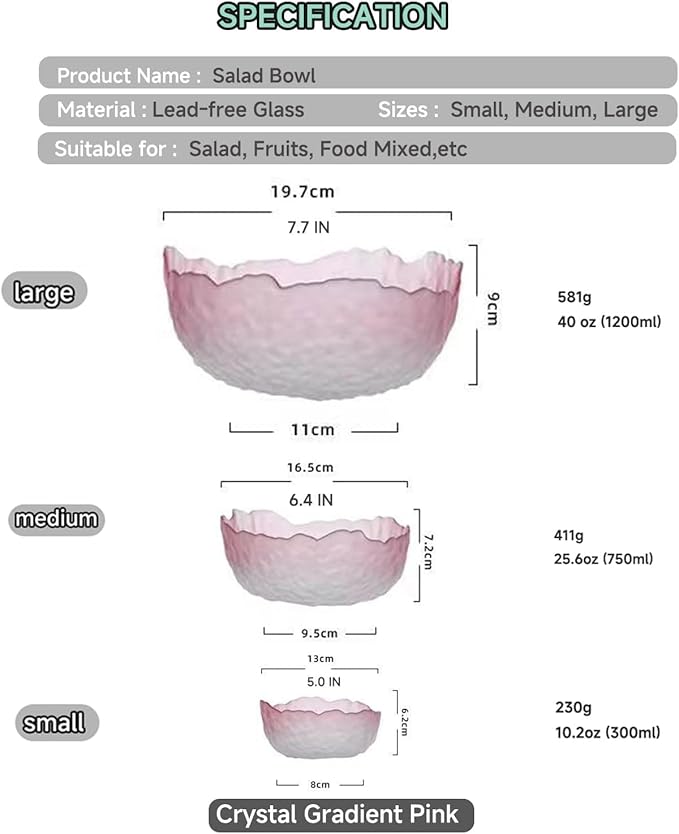 Glass Salad Bowl Irregular Lotus Flower Shape Serving Bowls, Mixing Nut Bowls for Kitchen Fruist, Snack, Dessert, and Ice Cream Candy Dishes (Crystal Gradient Pink, Medium)