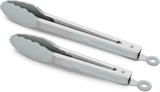 2 Pack Silicone Kitchen Tongs – 9" & 12" Set, Heat Resistant up to 500°F, Non‑Stick Cookware Safe, Wavy Silicone Tips, BPA Free, Locking Clip & Hanging Loop, Warm Grey