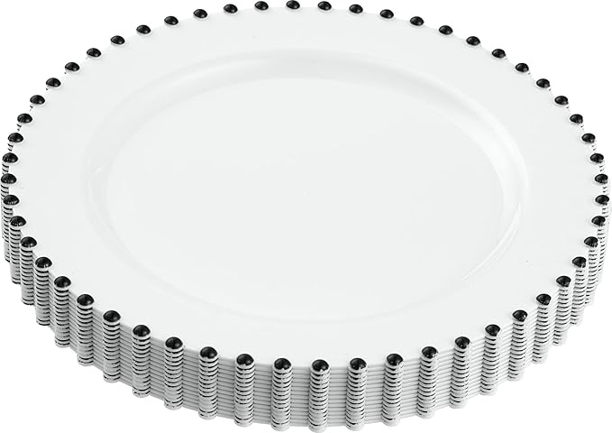 PLASTICPRO 32 Piece Combo Plastic Dinner Plates Disposable Plastic Fancy Heavy Duty Party Dishes 7 inch and 10 inch, White and Black Beaded