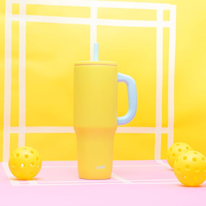 Zak Designs Sutton Travel Tumbler for On the Go, 40oz Stainless Steel with Vacuum Insulation, Silicone Straw, and Carry Handle for Cold Drinks (Sunflower Yellow)
