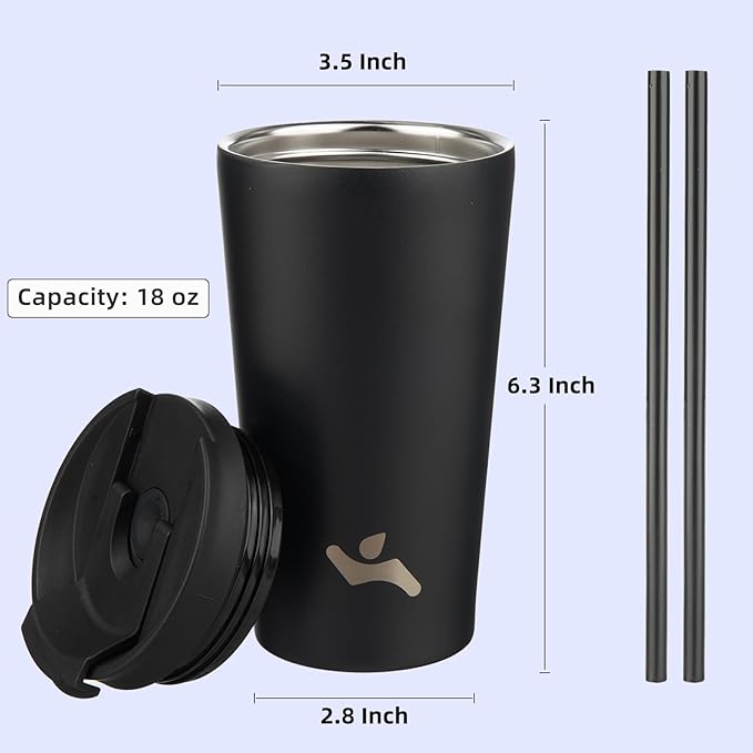 18 OZ Insulated Tumbler with Lid and 2 Straws Stainless Steel Water Bottle Vacuum Travel Mug Coffee Cup,Black