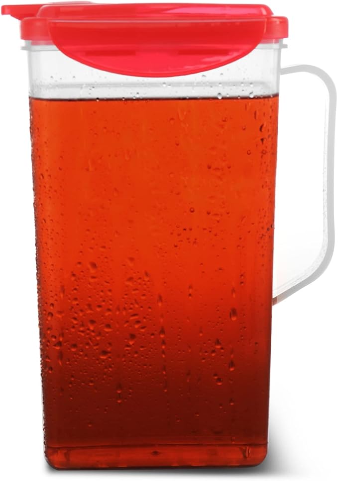 Pitcher 50 Oz. | Plastic Pitcher with Lid | Jug for Fridge | Juice Container with Lid | Iced Tea Pitcher | Airtight Pitcher with Spout Perfect for Lemonade, Water. BPA Free, Red (Small))