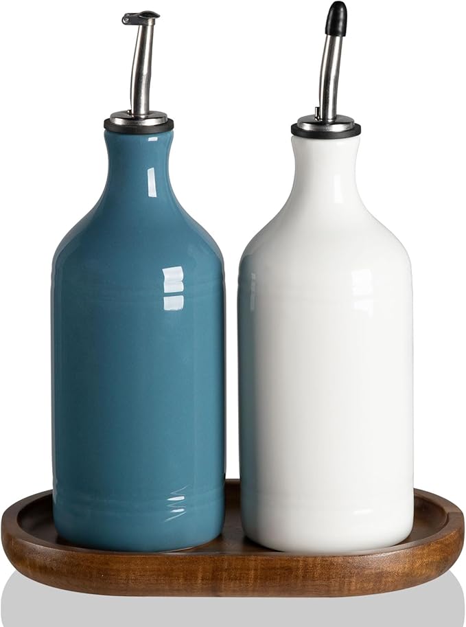 Sweejar Ceramic Olive Oil Dispenser Bottle Set, Opaque Oil Cruet Protects to Reduce Oxidation, Suitable For Storage Of Vinegar, Soy Sauce & Other Liquids,Pack of 2,15.5 Fl Oz（White Fogblue）
