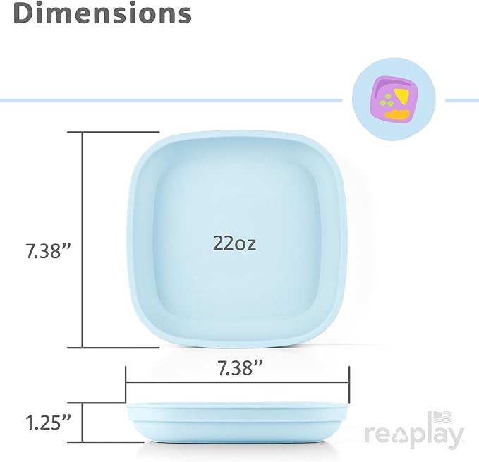 Re-Play Toddler Plates - 22 Oz. Deep-Walled Flat Kids Plates - Dishwasher & Microwave Safe - Made in USA - Set of 3-7.37" x 7.37" x 1.25" - Monochrome