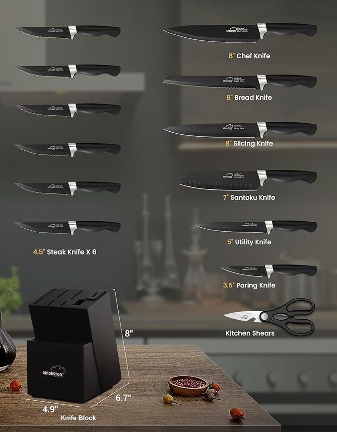 Amorston Knife Set, 15 Pieces Kitchen Knives Set with Block and Built in Sharpener, Dishwasher Safe Knife Block Set, German Stainless Steel Knife Block Set for Home Kitchen Gifts, Black