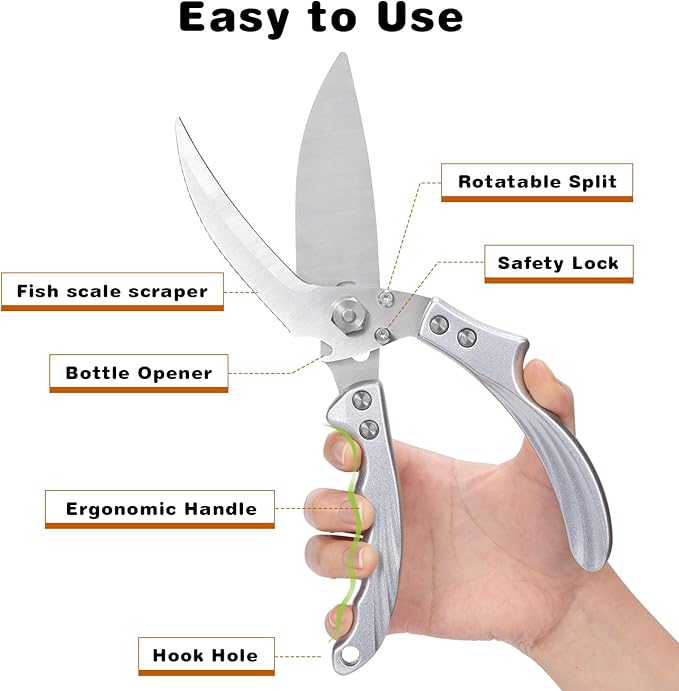 Kitchen Shears for food - Kitchen shears heavy duty Stainless Steel Poultry Shears for Meat Bones Seafood, All Purpose turkey shears, Detachable Blades, Ergonomic Handle, Dishwasher Safe Silver