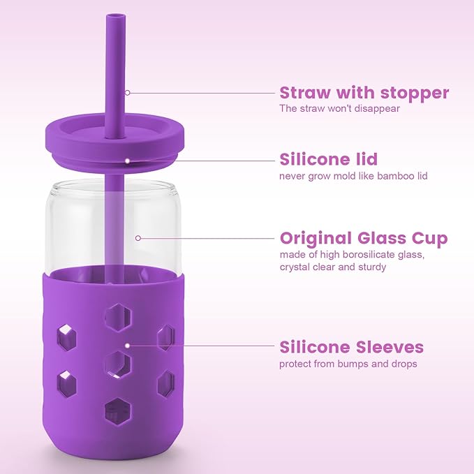 Glass Cups with Lids and Straws (4 Pack), 16oz Drinking Glasses Set with Silicone Sleeves for Coffee Bar Accessories Iced Coffee Cups with Lids, Glass Tumbler Reusable for Gifts