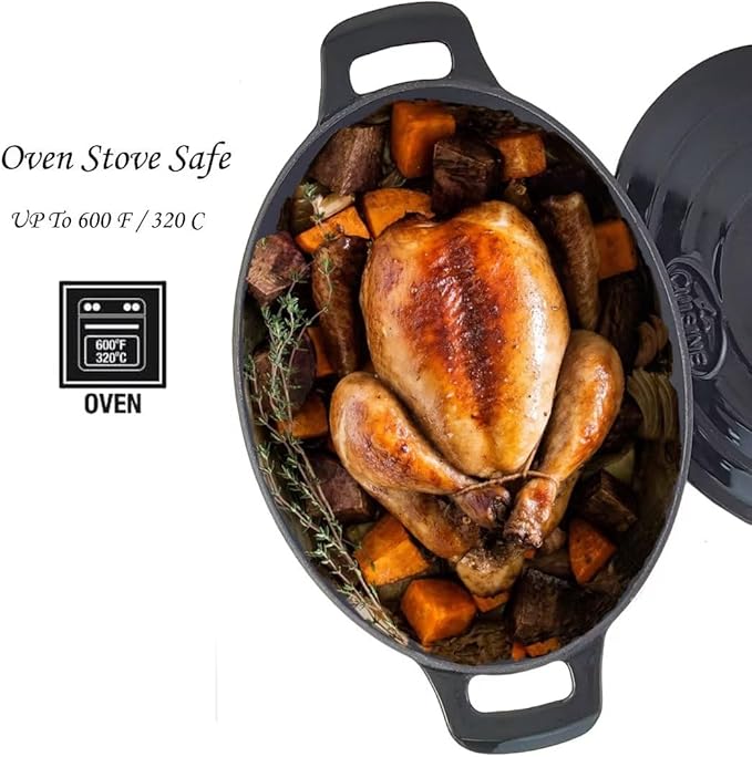 La Cuisine Enameled Cast Iron Oval Dutch Oven Casserole 6.75 QT 33x25x16cm Matt Black Enamel Coating Interior, Glossy Black Exterior, Oven Safe, Induction Cooktop Compatible
