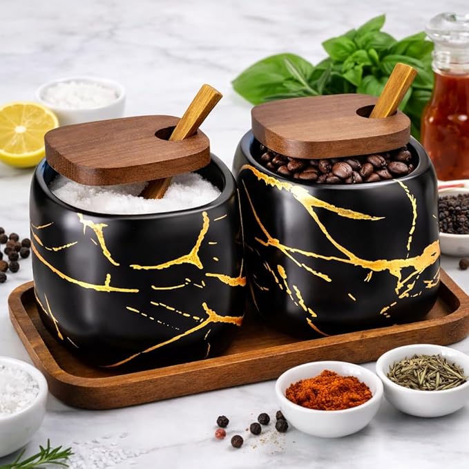 2 Sets of Marble Ceramic Seasoning Jars Ceramic Sugar Bowl with Lids，Tray and Spoons (black) …