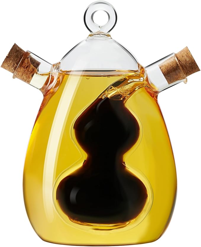 PARACITY Oil and Vinegar Dispenser Bottle 2 in 1, Olive Oil Dispenser Bottle for Kitchen with Cork Stoppers, 12OZ Transparent Glass Vinegar Dispenser