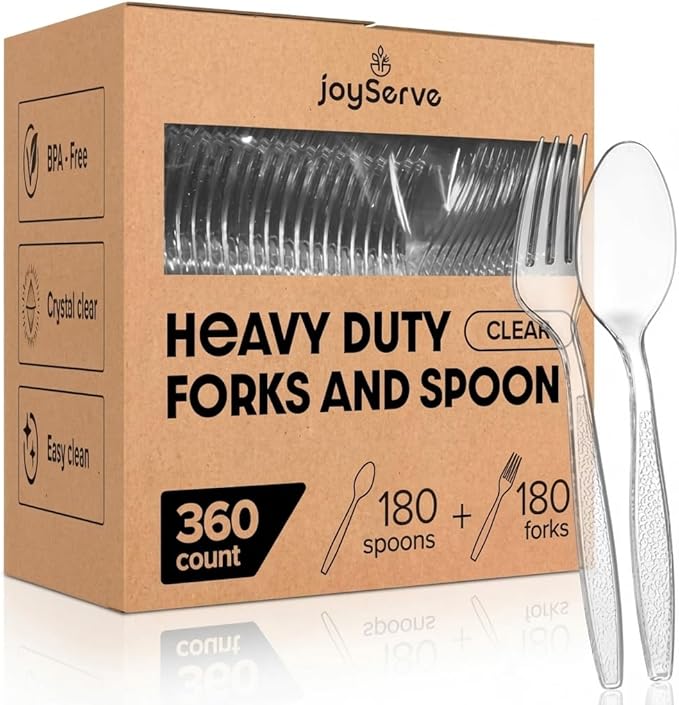 Plastic Forks and Spoons Set - (Bulk Pack 360 Pcs) Clear Plastic Cutlery Utensils Heavy Duty, 180 Forks and 180 Spoons, Silverware Sets for Party Supplies, Dinners, Take-Out, Catering, Food Services