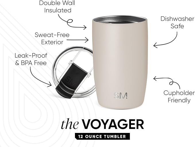 Simple Modern Voyager Tumbler with Flip Lid | Travel Coffee Mug | Insulated Stainless Steel Cold Brew Iced or Hot Coffee Cup | Gifts for Women Men Her Him | 12oz, Almond Birch