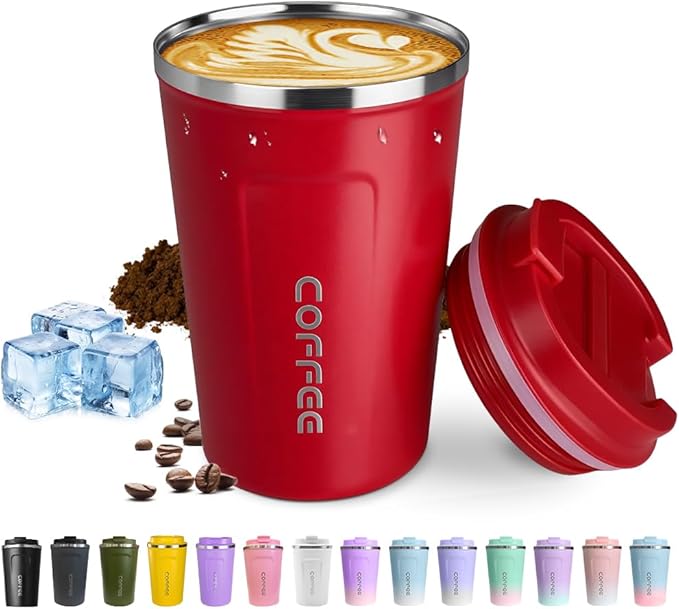 Travel coffee mugs leak-proof, reusable coffee cup with lid, stainless steel vacuum insulated coffee tumblers, thermal insulation cups for men & women keep drinks hot & cold (2nd-Red, 17OZ)
