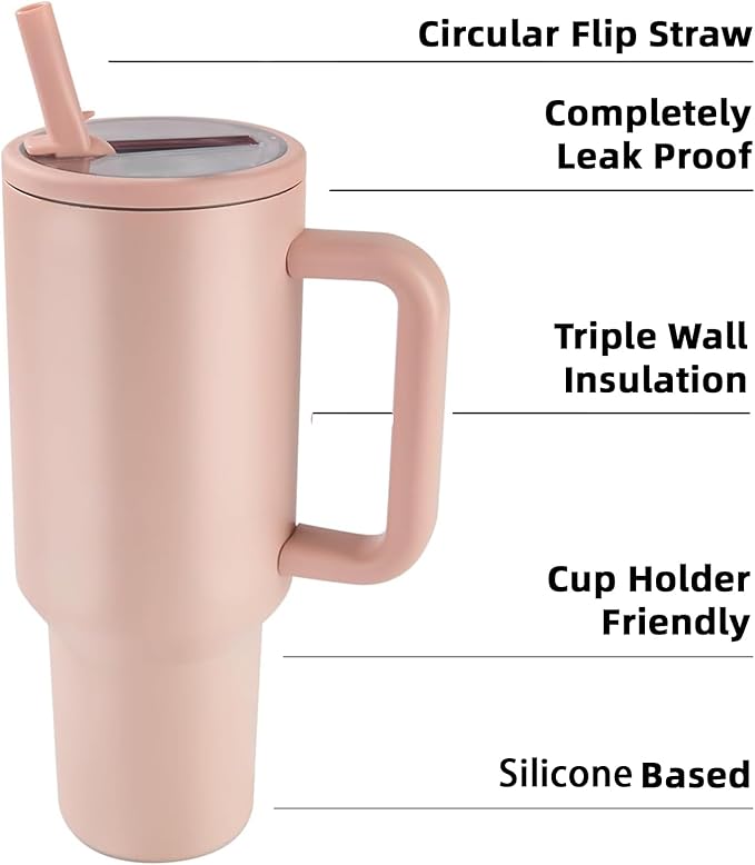 40 oz Insulated Tumbler with Handle,Flip Straw,Lid & Rubber Base Stainless Steel Water Bottle - Leak Proof Vacuum Insulated Mug BPA Free Reusable Travel Cup Gifts for Women/Men (Peach pink40oz)