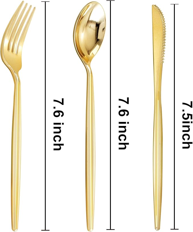 U-QE 120Pcs Gold Plastic Silverware, Luxury Plastic Cutlery, Heavy Weight Flatware, Gold Disposable Utensils Set Include 60 Forks, 30 Spoons,30 Knives for Party