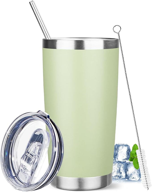 20 oz Tumbler with Lids and Straws, Stainless Steel Insulated Travel Coffee Mug, Double Wall Vacuum Insulated Tumblers, Powder Coated Coffee Tumbler for Cold & Hot Drinks (Green Tea)
