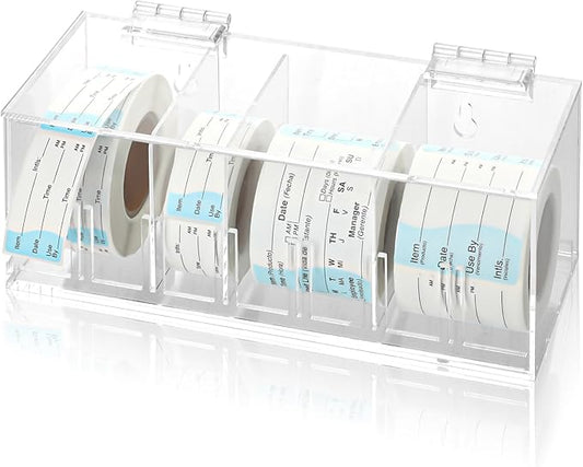 Adjustable Label Dispenser 4 Disks Sticker Roll Holder Acrylic Sticker Dispenser 9" x 3.5" x 3.5" Dissolvable Food Label Sticker Holder Organizer Label Stand for Date Sticker Label Desktop（No Label）