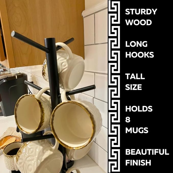Evelots Countertop Coffee Mug Holder - Tea Cup Organizer Rack - Tree Hooks Hold 8 Large Mugs - Sturdy Wood with Black Finish - Coffee Bar Display Storage