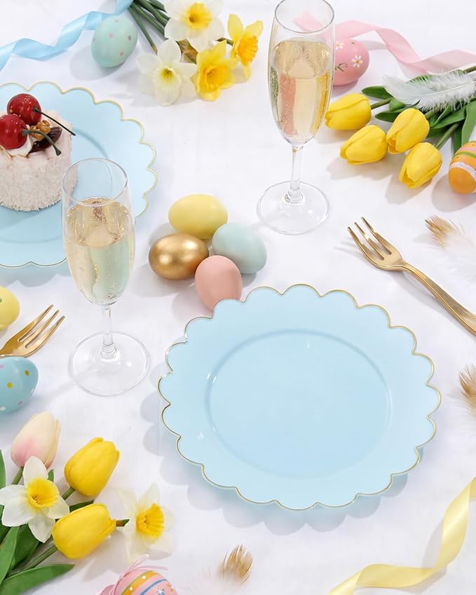 LIYH 60 Pcs Baby Blue Plastic Plates with Gold Edge - Disposable Light Blue Plastic Easter Plates Includes 30 Dinner Plate 10.25" and 30 Dessert Plate 7.5" for Party Birthday Easter