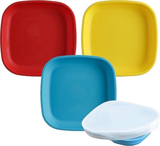 Re-Play Toddler Plates - 22 Oz. Deep-Walled Flat Kids Plates with 1 Lid - Dishwasher & Microwave Safe - Made in USA - Set of 3-7.37" x 7.37" x 1.25" - Preschool