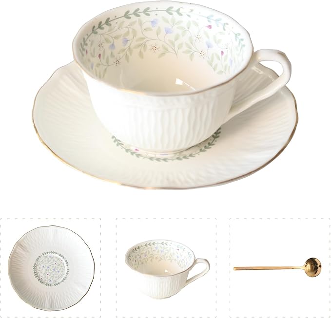 Vintage Floral Porcelain Tea Cup and Saucer Set with Spoon, Gold Trim, 6.4 oz – Set of 1, Light Blue – Tea & Espresso & Coffee Cups (1, Light Blue)