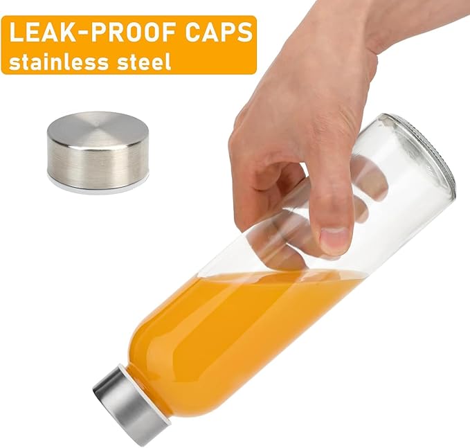 Sursip [12 Pack] 18 oz Glass Water Bottles with Lids, Juice Bottles, Clear glass juice bottle for juicing, Eco-Friendly Reusable Glass Juicing Bottles with Stainless Steel Lid, BPA Free,Leak-Proof