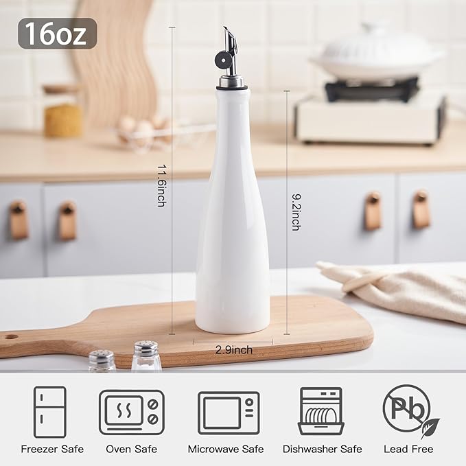 YOLIFE Olive Oil Dispenser Bottle, 16oz Ceramic Oil Dispenser for Kitchen, Oil Bottle with Gravity Spout, Leak Proof EVOO Dispensing Bottle with 2 Spouts and 1 Funnel for Vinegar, Juice(White)