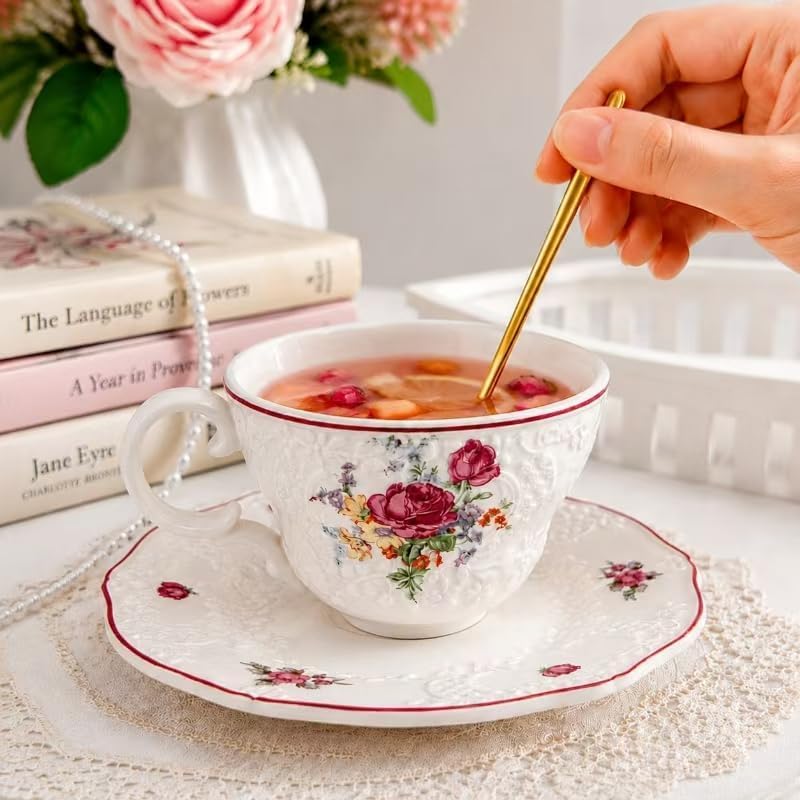 Tea Cup and Saucers Set, 8 OZ Vintage Rose Tea Cup with Saucer Spoon