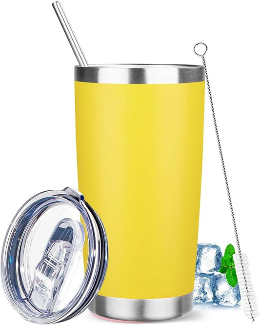 20 oz Tumbler with Lids and Straws, Stainless Steel Insulated Travel Coffee Mug, Double Wall Vacuum Insulated Tumblers, Powder Coated Coffee Tumbler for Cold & Hot Drinks (Yellow)
