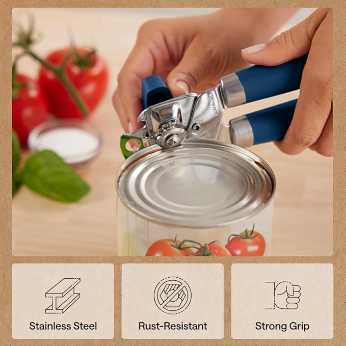 GORILLA GRIP Heavy Duty Stainless Steel Smooth Edge Manual Can Opener and Bottle Openers, Soft Comfortable Handle, Oversized Handheld Turn Knob, US Designed Multifunctional Kitchen Tool, Blue