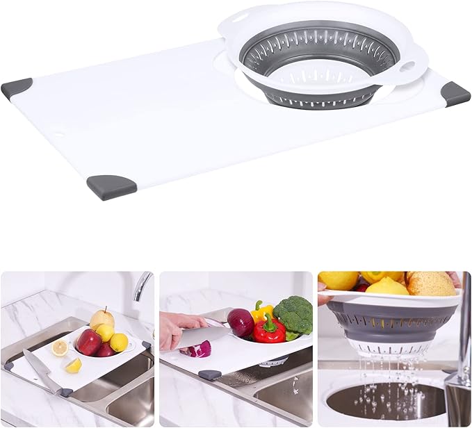 NiHome Over the Sink Cutting Board with Collapsible Colander, 2-In-1 Sink Drainer Board 11"x17.7" Anti-Slip Cutting Board and Detachable Draining Basket with Ergonomic Handle PP Plastic and TPR Rubber