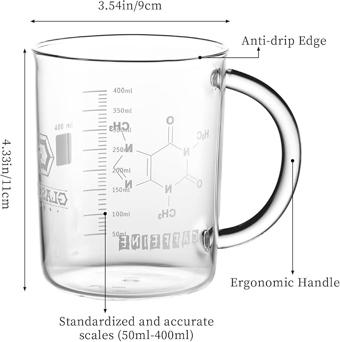 GLASKEY Caffeine Beaker Mug,16 oz Anti-Dripping Borosilicate Caffeine Mug,Cool Coffee Mugs with Handle,Chemistry Mug,Novelty Chemistry Science Teacher Gifts for Women Men