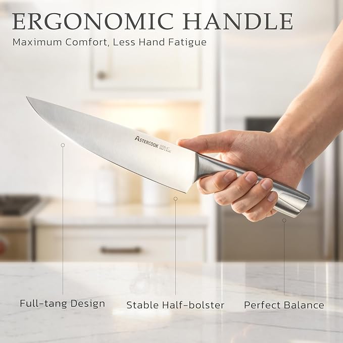 Astercook Knife Set, Kitchen Knives Set with Block and Sharpener Full Tang 15 Pcs Premium Stainless Steel Knives, Dishwasher Safe Knife Set with Anti-slip Ergonomic Handle, Black