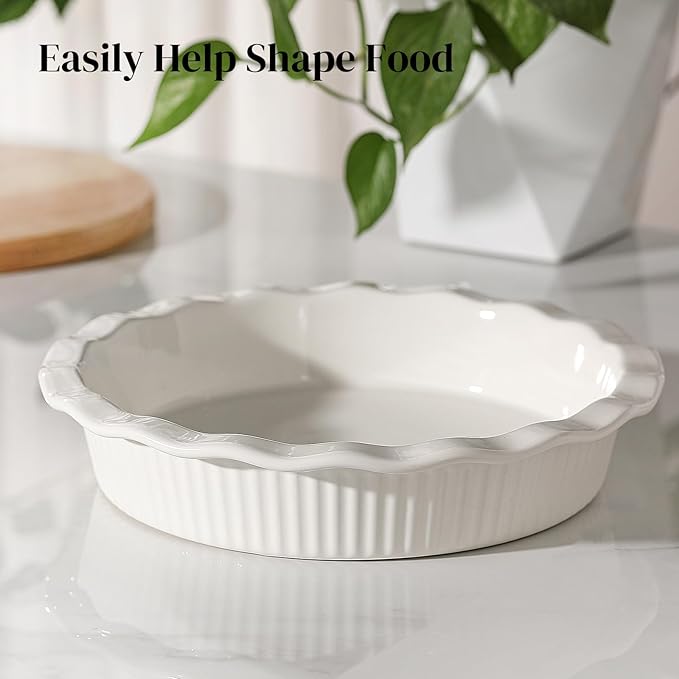 DOWAN Pie Pan for Baking, 9 Inch Round Baking Dish for Dinner, 45 Ounce Pie Plate Ceramic Quiche Pan Non-Stick with Deep Fluted Pie Dish for Apple Pies, Pot Pies, Quiches, Tart, Oven Safe Dish, White