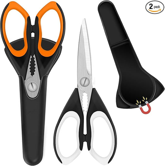 2 Pack Sharp Kitchen Scissors Set with Magnetic Holder, Heavy Duty Kitchen Shears Meat Scissors, Multifunctional Stainless Steel Cooking Poultry Scissors for Household School Picnic