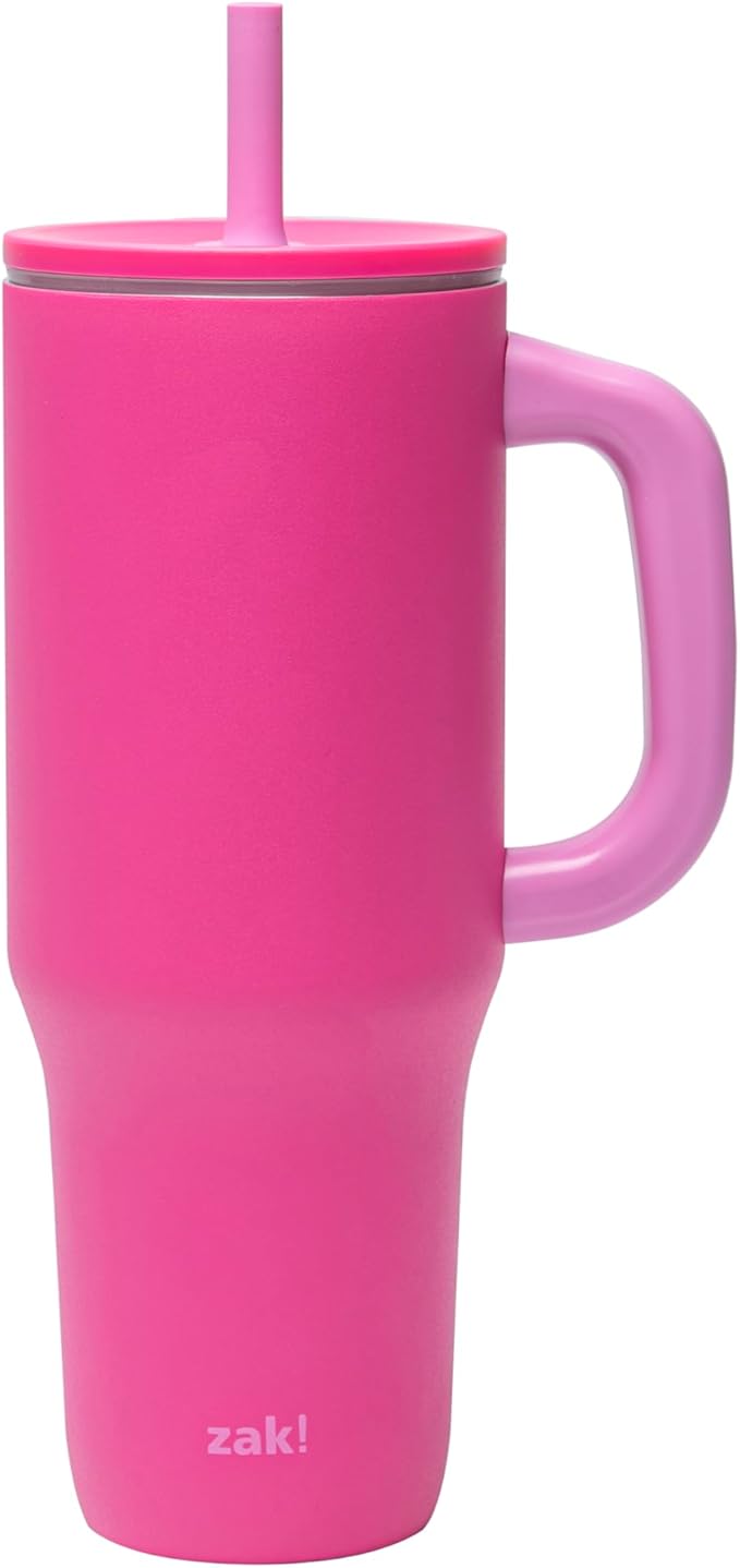 Zak Designs Sutton Travel Tumbler for On the Go, 40oz Stainless Steel with Vacuum Insulation, Silicone Straw, and Carry Handle for Cold Drinks (Razzberry Pink)
