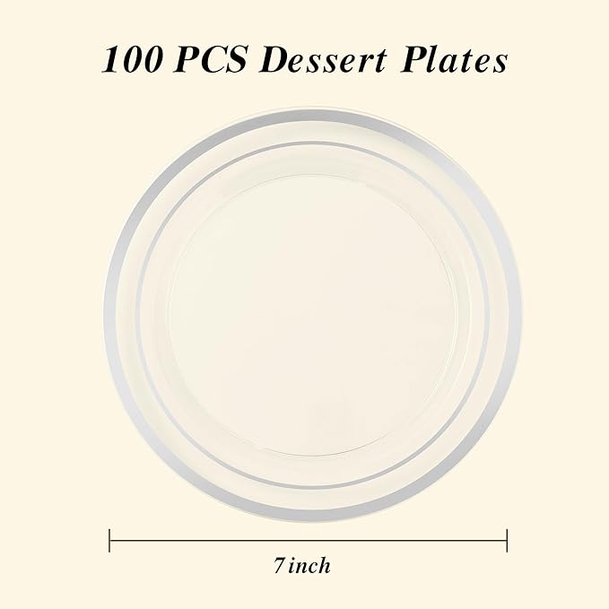 BESTSTAR 7 Inch Clear with Silver Rim Plastic Plates,100PCS Disposable Dessert/Appetizer/Small Cake Plates,Heavy Duty Plate Ideal for Wedding and Birthday Party
