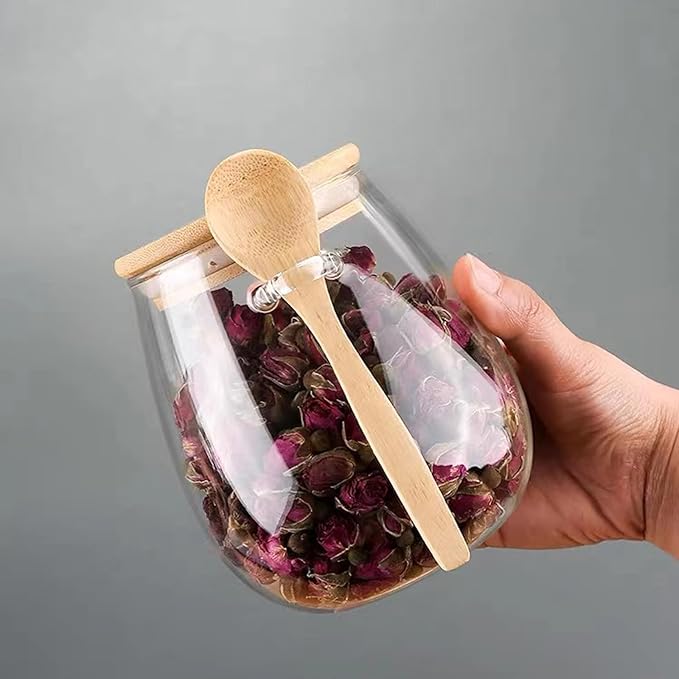 Airtight glass jar storage container with bamboo lid Set of 2, wide mouth, leak-proof, With a spoon, can be used for coffee beans, tea leaves, grains, dried fruits, etc (Small)