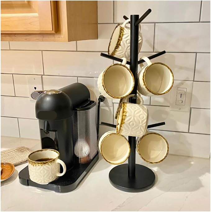 Evelots Countertop Coffee Mug Holder - Tea Cup Organizer Rack - Tree Hooks Hold 8 Large Mugs - Sturdy Wood with Black Finish - Coffee Bar Display Storage