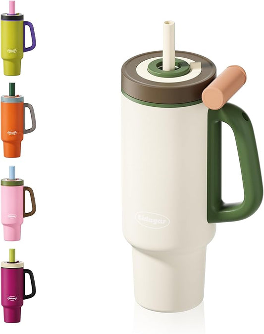 Tumbler with Handle,36 oz Ceramic Lined Travel Mug Water Bottle with Straw,Vacuum Insulated Stainless Steel Cup with Lid,Fits Cup Holder, Leak Resistant Press-in Lid,White