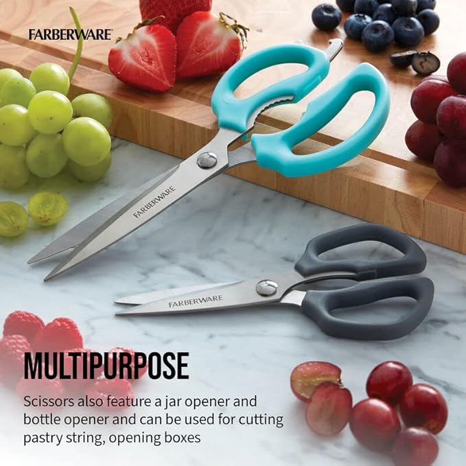 Farberware Comfort Grip Kitchen Scissors, 2 Pack, Aqua and Gray