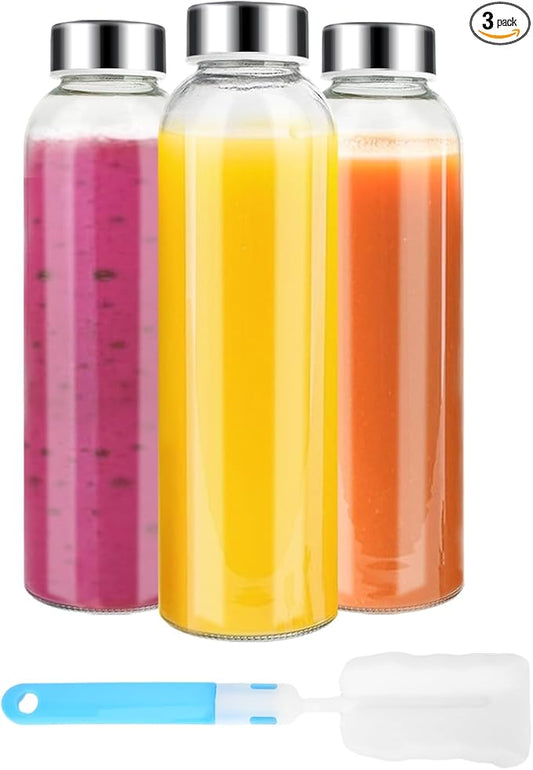 Clear Glass Bottles with Lids 18 oz, Reusable Glass Water Bottles with Stainless Steel Cap for Refrigerator, Juicing, 100% Leak Proof, BPA Free, Juice Bottle Drinking Jar Containers Set of 3