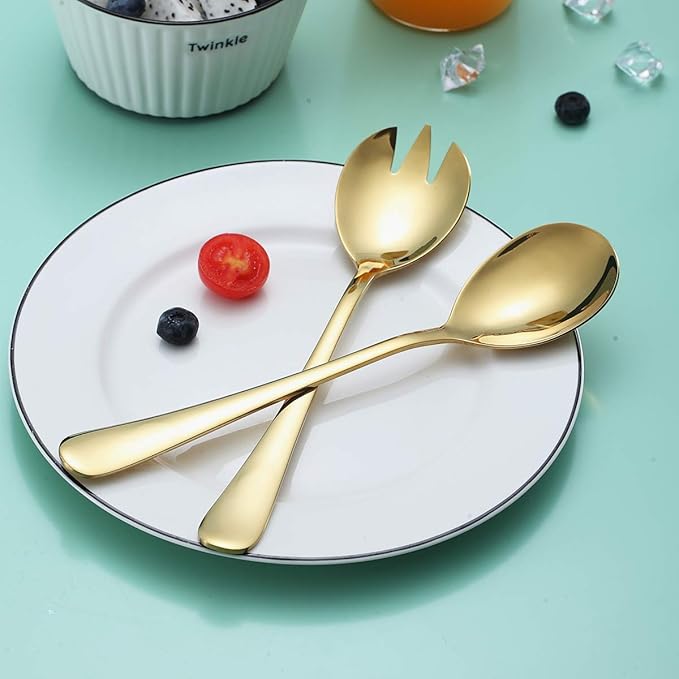 Gold Salad Server Set, Berglander Stainless Steel Salad Serving Set With Titanium Gold Plating, Salad Servers, Salad Spoon, Salad Fork, Pack of 2 (Shiny Gold)
