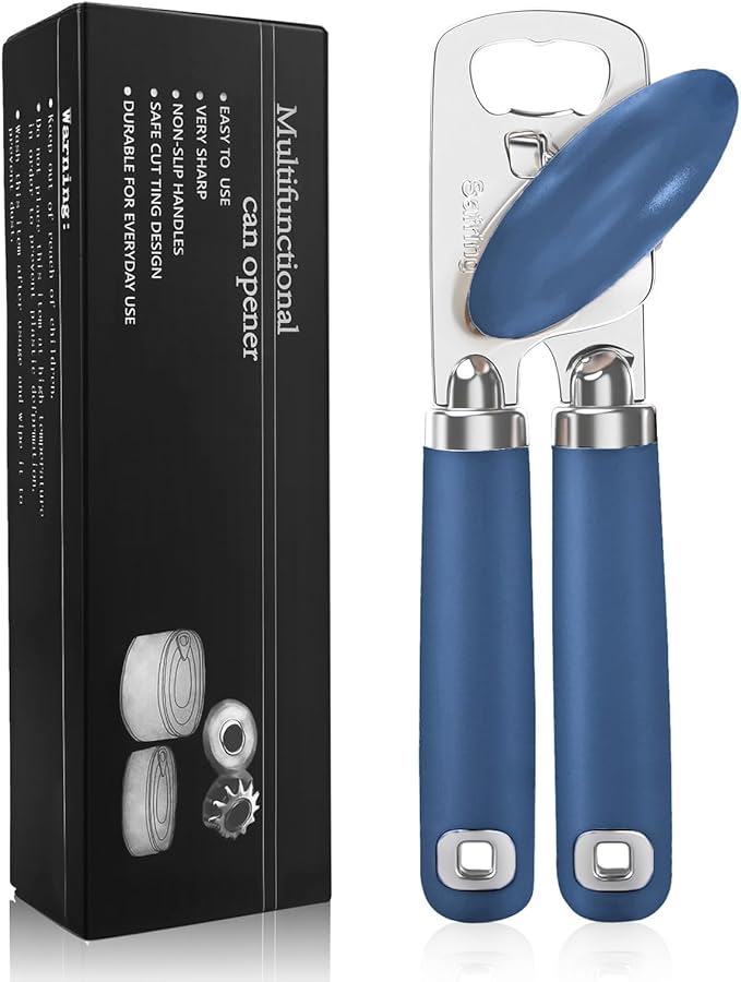 Can Opener Manual, Heavy Duty Stainless Steel Smooth Edge Can Opener With Soft Touch Handle, Oversized Handheld Easy Turn Knob, Multi-Function Bottle Opener, Blue