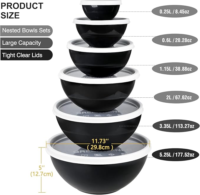 Plastic Mixing Bowls with Lids Set for Kitchen, Nesting Bowls for Mixing, Baking, Prepping, Cooking and Serving Food, Mixing Bowls Dishwasher, Microwave Safe (Black)
