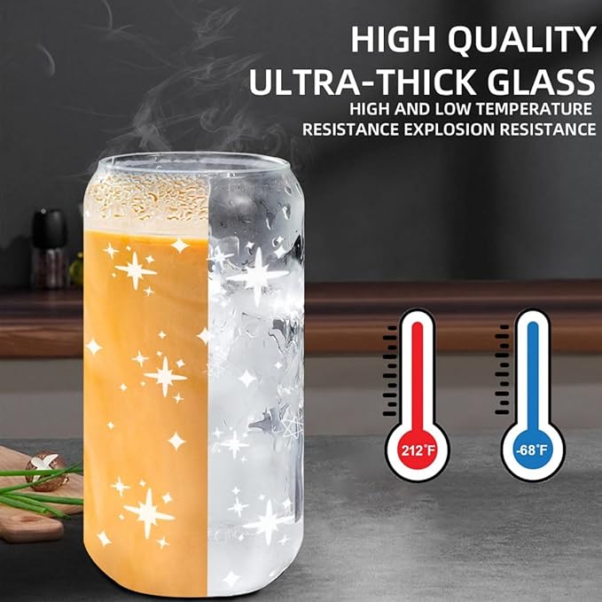 Glass Cups with Lids and Straws 2 Pack, Mason Jar Drinking Glass 16oz, Cute Preppy Iced Coffee Tumbler with Bamboo Lids & Straws, Aesthetic Stars Party & Gift Set